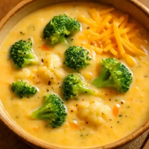 Close-up of creamy broccoli cheddar soup with bright broccoli florets and shredded sharp cheddar in a warm ceramic bowl.