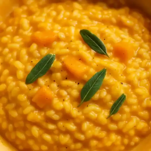 Close-up of creamy butternut squash risotto with golden rice, tender squash cubes, and fresh sage leaves.