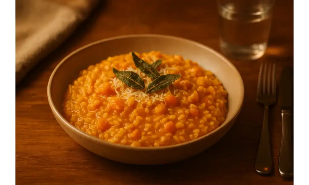 A warm bowl of creamy butternut squash risotto, topped with crispy sage leaves and Parmesan, served on a wooden dinner table.