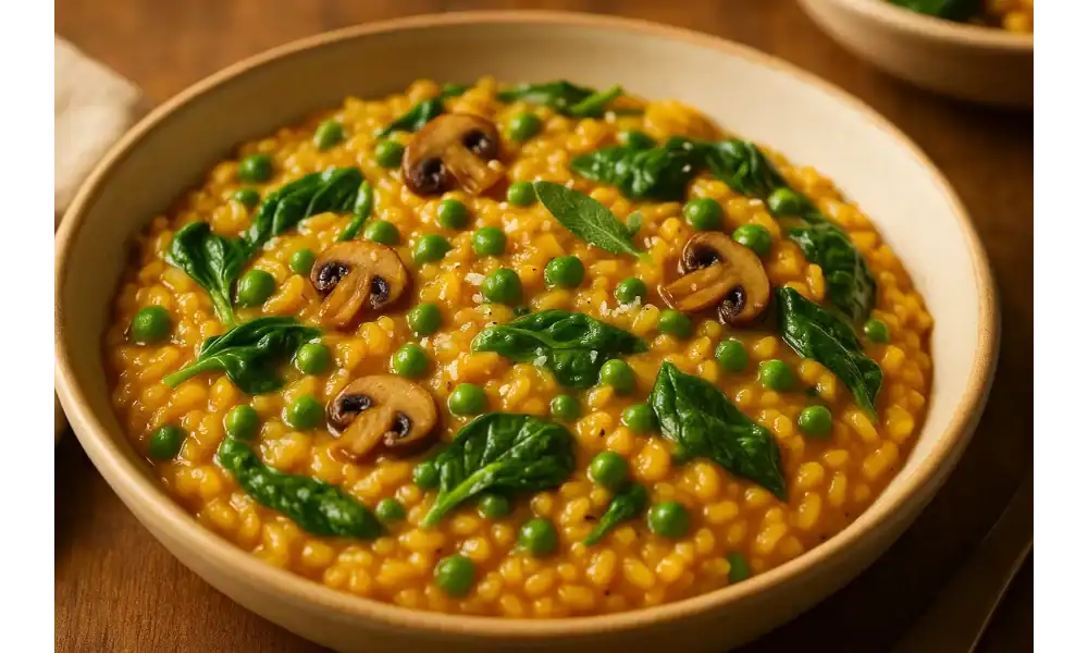 Bowl of creamy butternut squash risotto with peas, spinach, and sautéed mushrooms, captured in warm lighting.