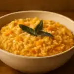 Close-up of creamy butternut squash risotto in a beige bowl, topped with crispy sage, warm evening light, dinner setting.