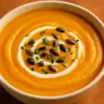 Close-up bowl of 5-Ingredient Butternut Squash Soup with a coconut-milk swirl, pepitas, and chopped herbs in warm orange tones.