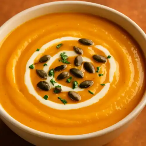 Close-up bowl of 5-Ingredient Butternut Squash Soup with a coconut-milk swirl, pepitas, and chopped herbs in warm orange tones.