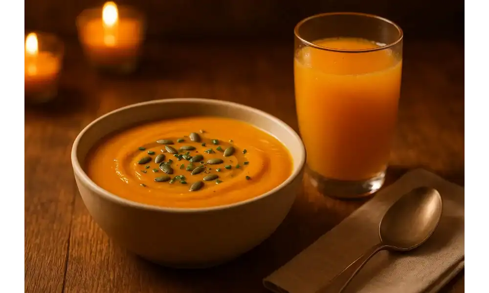 Bowl of creamy butternut squash soup topped with pepitas and chives beside a glass of orange juice on a wooden table with candles.