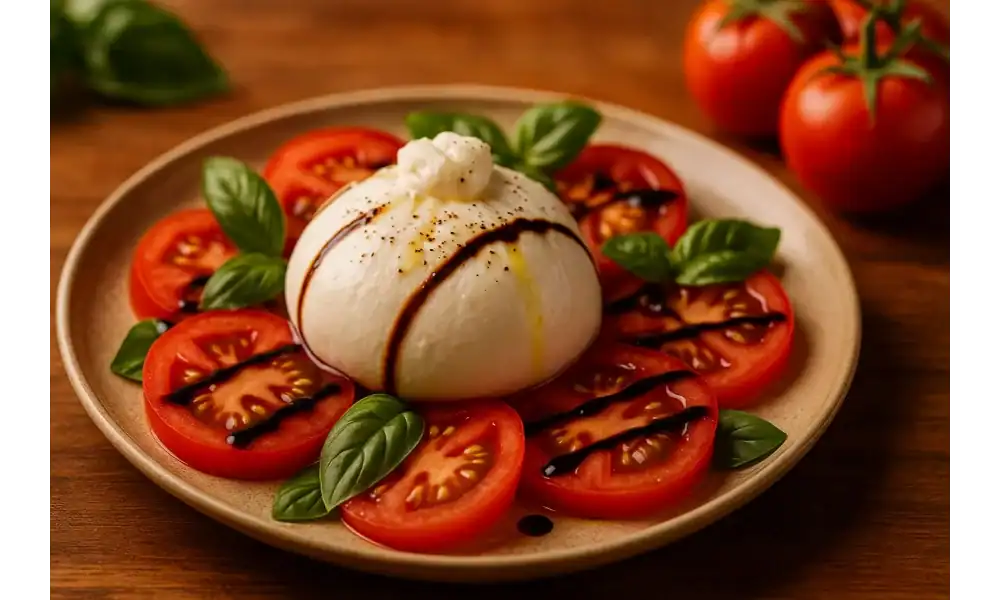 Close-up of Caprese salad with creamy burrata (fresh mozzarella), ripe tomato slices, basil leaves, and balsamic glaze on a ceramic plate.