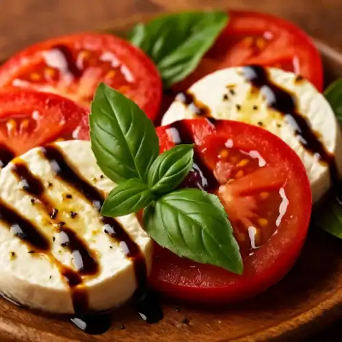 Close-up of Caprese salad with fresh mozzarella, ripe tomato slices, basil leaves, and a balsamic glaze drizzle on a wooden plate.