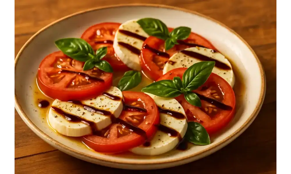 Close-up of sliced tomatoes and fresh mozzarella arranged on a ceramic plate with basil leaves, extra-virgin olive oil, and a balsamic glaze drizzle on a wooden table.