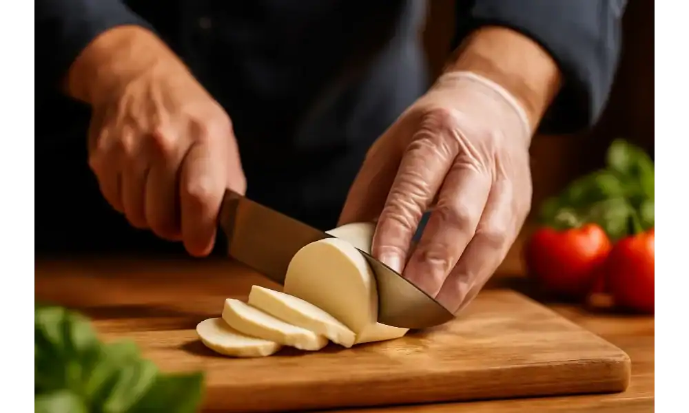 Close-up of a chef slicing fresh mozzarella on a wooden board, with tomatoes and basil in the background, warm natural light.