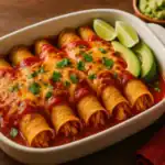 Golden, cheesy chicken enchiladas in a white baking dish covered with red enchilada sauce, topped with cilantro and served with lime wedges and avocado.