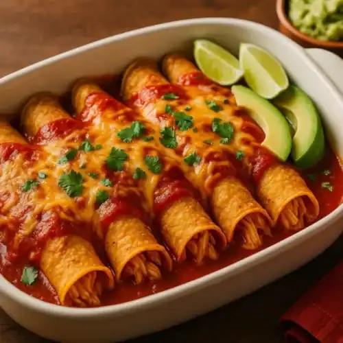 Golden, cheesy chicken enchiladas in a white baking dish covered with red enchilada sauce, topped with cilantro and served with lime wedges and avocado.