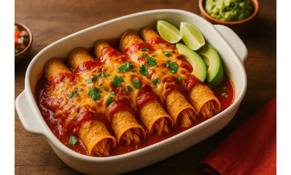 Golden, cheesy chicken enchiladas in a white baking dish covered with red enchilada sauce, topped with cilantro and served with lime wedges and avocado.