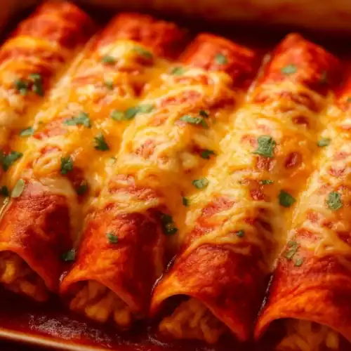 Close-up of cheesy chicken enchiladas covered in red enchilada sauce and melted Jack–cheddar, sprinkled with cilantro in a baking dish.
