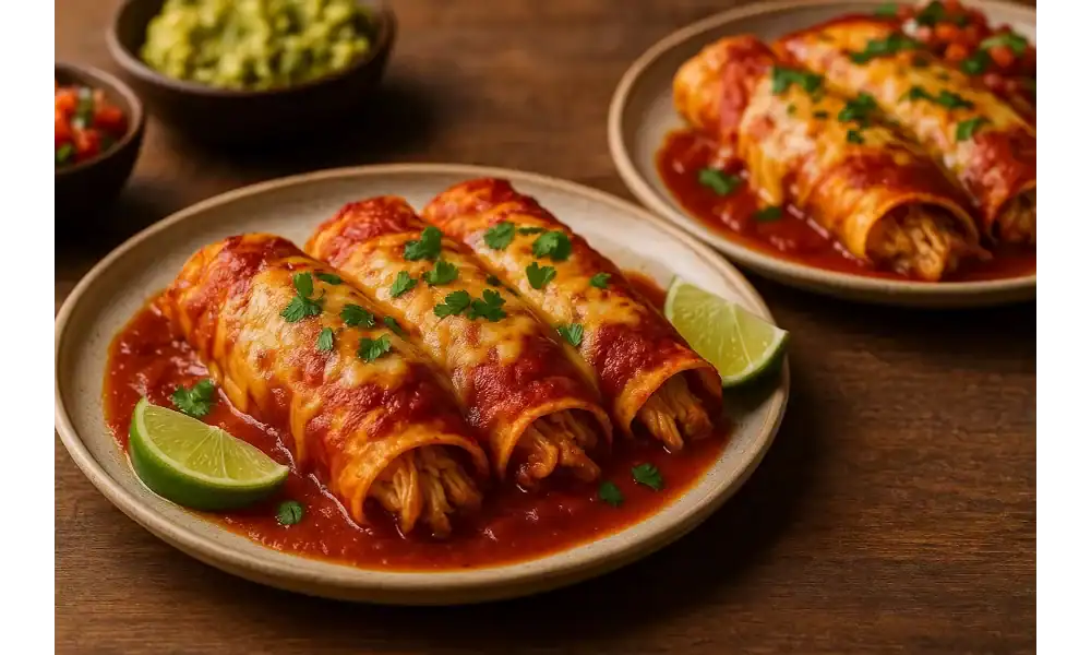 Plates of cheesy chicken enchiladas topped with red enchilada sauce and cilantro, served with lime wedges; guacamole and salsa in the background.