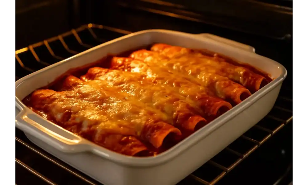 Chicken enchiladas baking in a white casserole dish, covered in red enchilada sauce and melted cheese inside the oven.