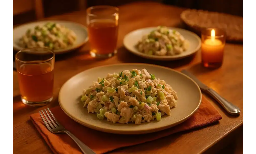 Warm, candlelit dinner scene with a plate of creamy chicken salad topped with celery and herbs, flanked by two glasses of juice and cutlery.