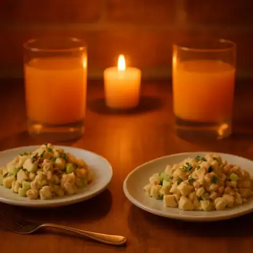 Candlelit dinner with two plates of creamy chicken salad (diced chicken, celery, herbs) and two glasses of orange juice on a warm wood table.