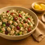 Creamy chicken salad in a wide bowl with diced chicken, celery, red onion, grapes, and sliced almonds, topped with parsley on a wooden table; lemon wedges and a spoon nearby.