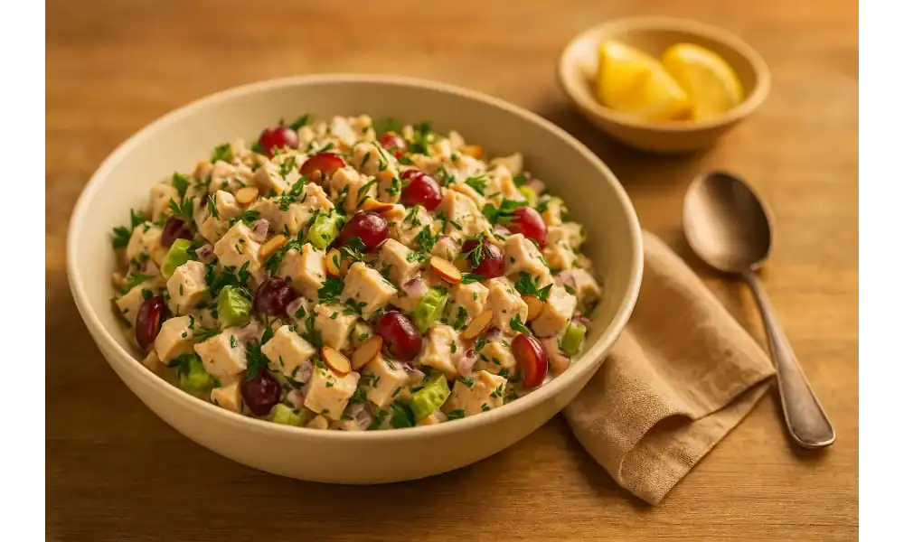 Creamy chicken salad in a wide bowl with diced chicken, celery, red onion, grapes, and sliced almonds, topped with parsley on a wooden table; lemon wedges and a spoon nearby.