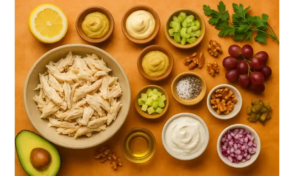 Warm top-down photo of chicken salad ingredients: shredded chicken, celery, red onion, grapes, walnuts, Greek yogurt, mayonnaise, Dijon mustard, lemon, parsley, pickles, olive oil, and salt-pepper on an orange backdrop.
