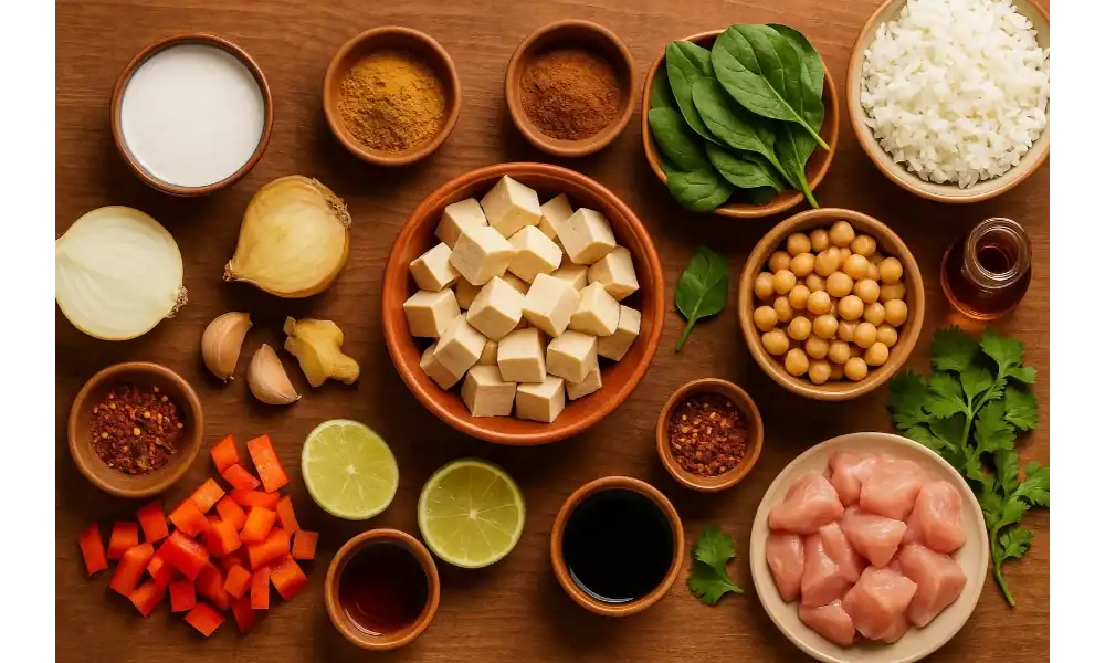 Overhead flat lay of coconut curry ingredients on warm wood: coconut milk, onion, garlic, ginger, curry spices, tofu, chickpeas, chicken, bell pepper, spinach, lime, chili flakes, soy sauce, cilantro, and rice.