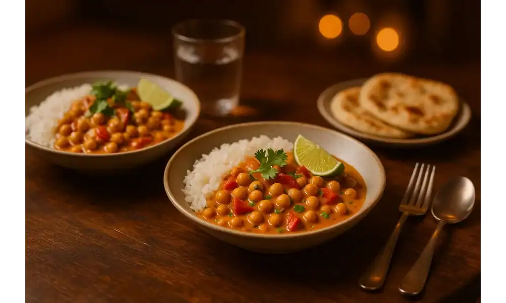 Two bowls of creamy chickpea coconut curry over rice with lime wedges and cilantro on a wooden table; warm light, naan and a water glass in the background.