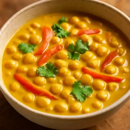 Close-up of creamy chickpea coconut curry with red bell pepper strips and cilantro in an off-white bowl on a warm wooden surface.