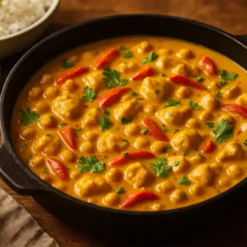 Cast-iron skillet of creamy coconut curry with chickpeas and red bell pepper, topped with cilantro; lime wedges and a bowl of rice on a warm wooden table.