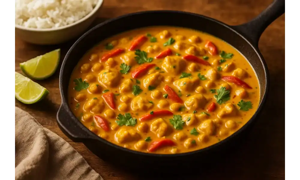 Cast-iron skillet of creamy coconut curry with chickpeas and red bell pepper, topped with cilantro; lime wedges and a bowl of rice on a warm wooden table.