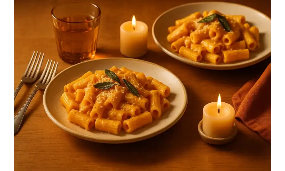 Two plates of creamy pumpkin pasta topped with sage and Parmesan, served with candles and drinks for a cozy fall dinner.