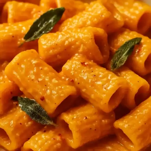 Close-up of rigatoni coated in creamy pumpkin sauce with Parmesan and crispy sage leaves.