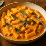 Bowl of creamy pumpkin pasta with rigatoni, topped with crispy sage and Parmesan on a rustic wooden table.