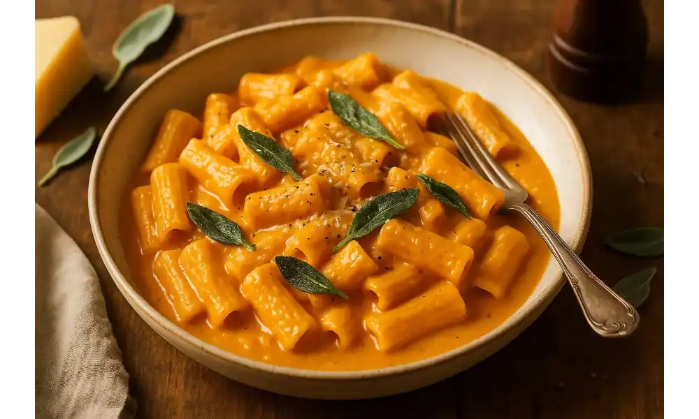 Bowl of creamy pumpkin pasta with rigatoni, topped with crispy sage and Parmesan on a rustic wooden table.