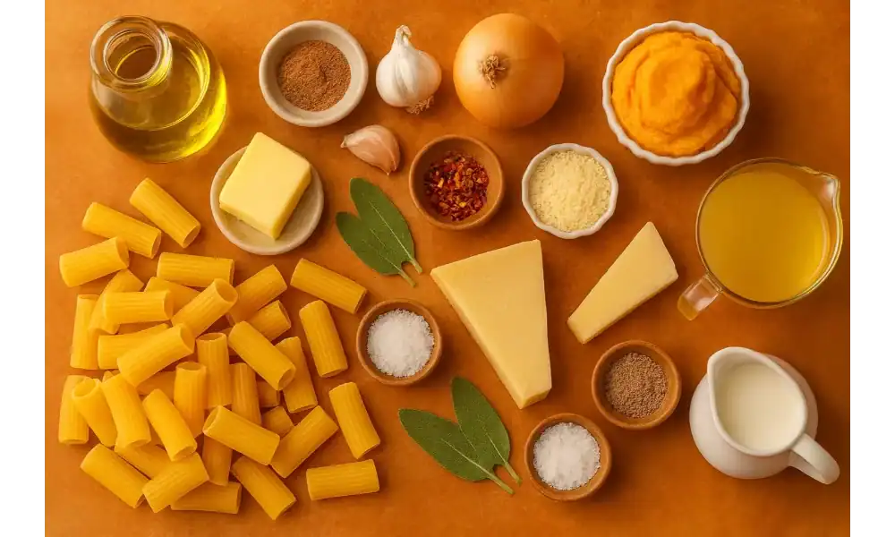 Flat lay of ingredients for creamy pumpkin pasta: rigatoni, pumpkin purée, Parmesan, onion, garlic, sage, olive oil, butter, broth, cream, nutmeg, chili flakes, salt, and pepper on a warm backdrop.