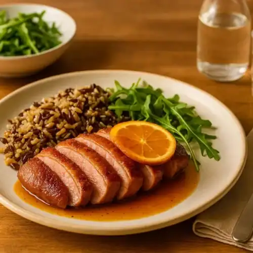 Sliced crispy duck breast with orange glaze, wild rice pilaf, and arugula on a ceramic plate over a warm wooden table.