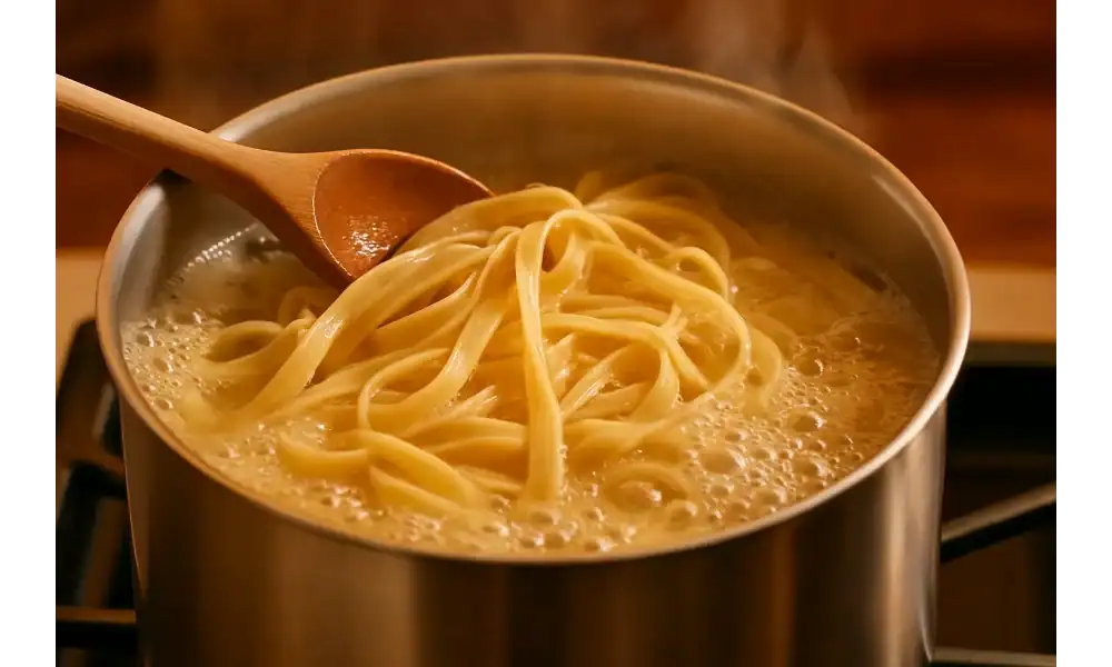 Fettuccine boiling in a stainless-steel pot with a wooden spoon, creating starchy pasta water for an easy Alfredo.