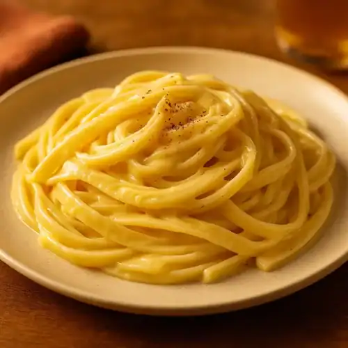 Twirl of creamy fettuccine Alfredo on a beige plate, glossy sauce with black pepper in warm golden light.