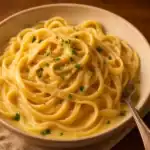 Creamy fettuccine Alfredo twirled in a beige bowl, glossy sauce with parsley and black pepper, warm light on a wooden table.