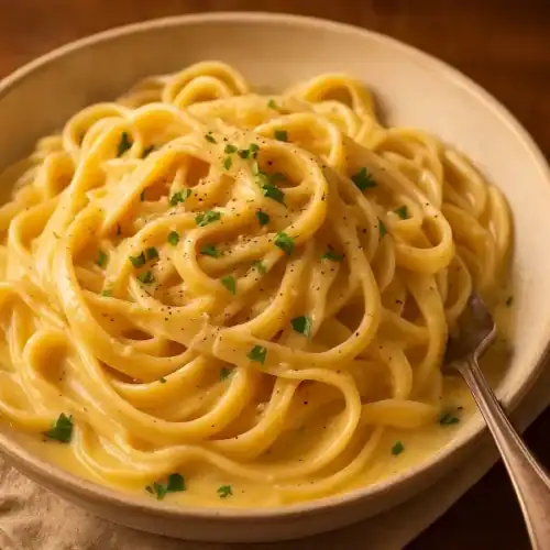 Creamy fettuccine Alfredo twirled in a beige bowl, glossy sauce with parsley and black pepper, warm light on a wooden table.