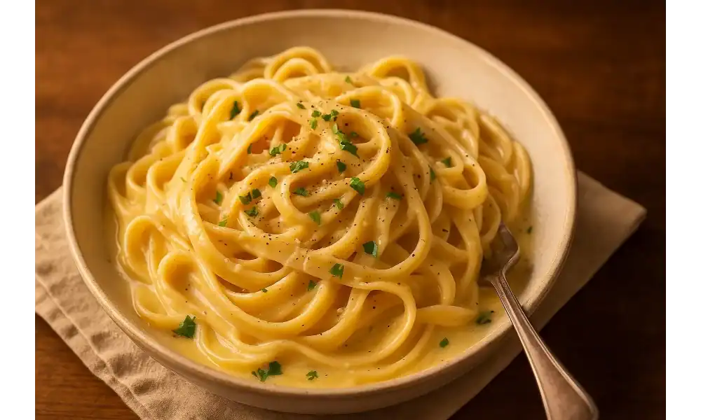 Creamy fettuccine Alfredo twirled in a beige bowl, glossy sauce with parsley and black pepper, warm light on a wooden table.