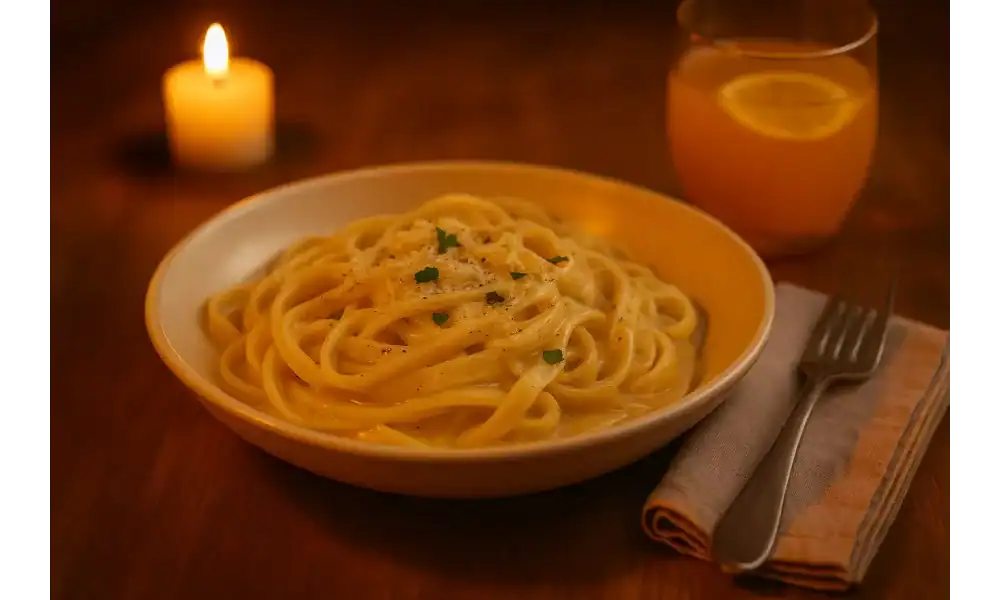 Creamy fettuccine Alfredo in a shallow bowl, lit by a candle, with a glass of juice, fork, and napkin on a warm wooden table.
