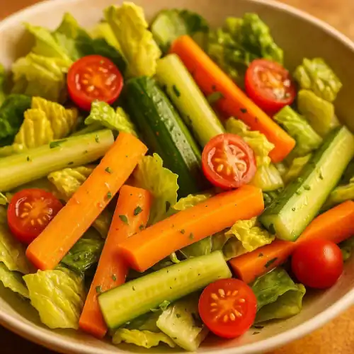 Close-up of a simple finger salad—romaine, cucumber, celery and carrot sticks with cherry tomato halves—in a beige bowl under warm light.