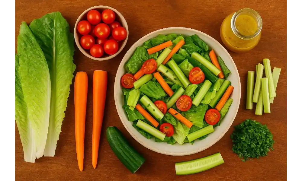 Overhead view of quick finger salad ingredients—romaine leaves, cherry tomatoes, carrots, cucumber, celery sticks, chopped herbs, and a jar of lemon-garlic vinaigrette—on a warm wooden surface with a filled salad bowl in the center.