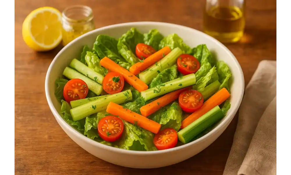 Bowl of quick finger salad—romaine, cucumber, celery, carrot sticks, and cherry tomatoes—on a warm wooden table with lemon, vinaigrette jar, and olive oil in the background.