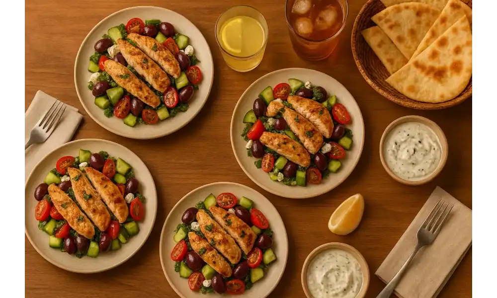 Overhead shot of four plates of Greek chicken salad—grilled chicken strips over cucumbers, cherry tomatoes, red onion, Kalamata olives, and feta—served with warm pita, tzatziki, lemon wedges, and iced drinks on a wooden table.