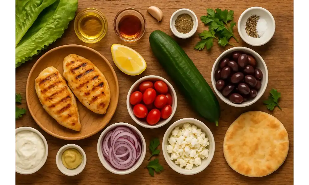 Overhead flat lay of Greek chicken salad ingredients—grilled chicken breasts, English cucumber, cherry tomatoes, sliced red onion, Kalamata olives, crumbled feta, romaine leaves, lemon wedge, extra-virgin olive oil, Dijon, dried oregano, garlic, salt and pepper, pita bread, and yogurt for tzatziki—on a wooden table with warm tones.