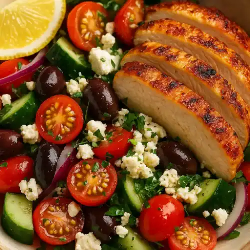 Close-up of sliced grilled chicken on a vibrant Greek salad with cucumbers, cherry tomatoes, red onion, Kalamata olives, crumbled feta, parsley, and a lemon wedge.