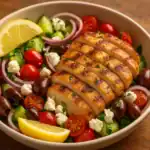 Bowl of Greek chicken salad with sliced grilled chicken, cucumbers, cherry tomatoes, red onion, Kalamata olives, feta crumbles, and lemon wedges on a wooden table.