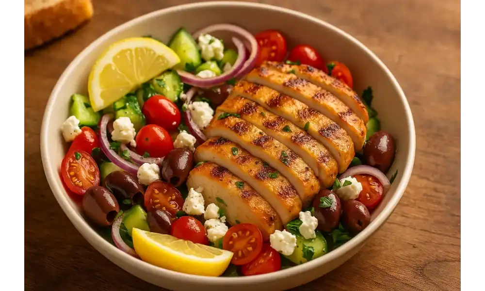 Bowl of Greek chicken salad with sliced grilled chicken, cucumbers, cherry tomatoes, red onion, Kalamata olives, feta crumbles, and lemon wedges on a wooden table.