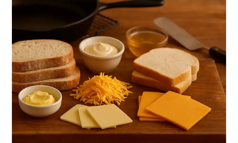 Grilled cheese ingredients on a wooden board: sliced sourdough and white bread, shredded cheddar, American and provolone slices, small bowls of butter and mayo, with a cast-iron skillet and spatula in the background.