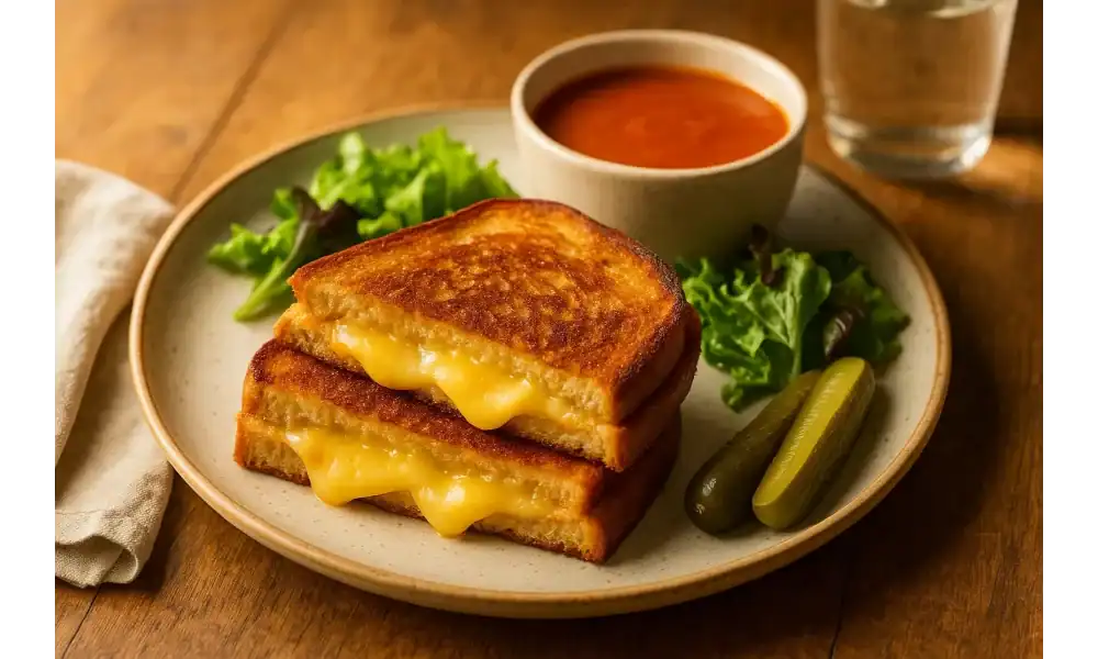 Stacked grilled cheese with melty cheese, tomato soup, salad greens, and pickles on a plate over a warm wooden table.